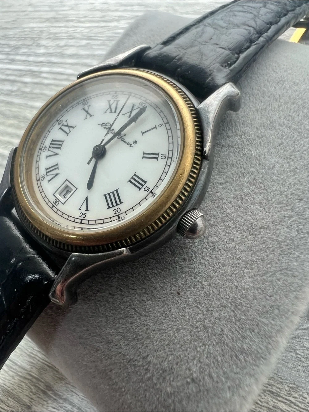 Eddie Bauer Two-Tone Roman Numeral Wristwatch with Black Leather Strap